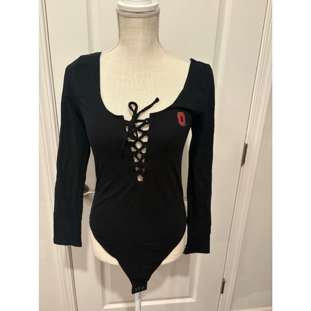 PINK Victoria's Secret Black Ohio State Sleeve Bodysuit with Red 'O' Patch